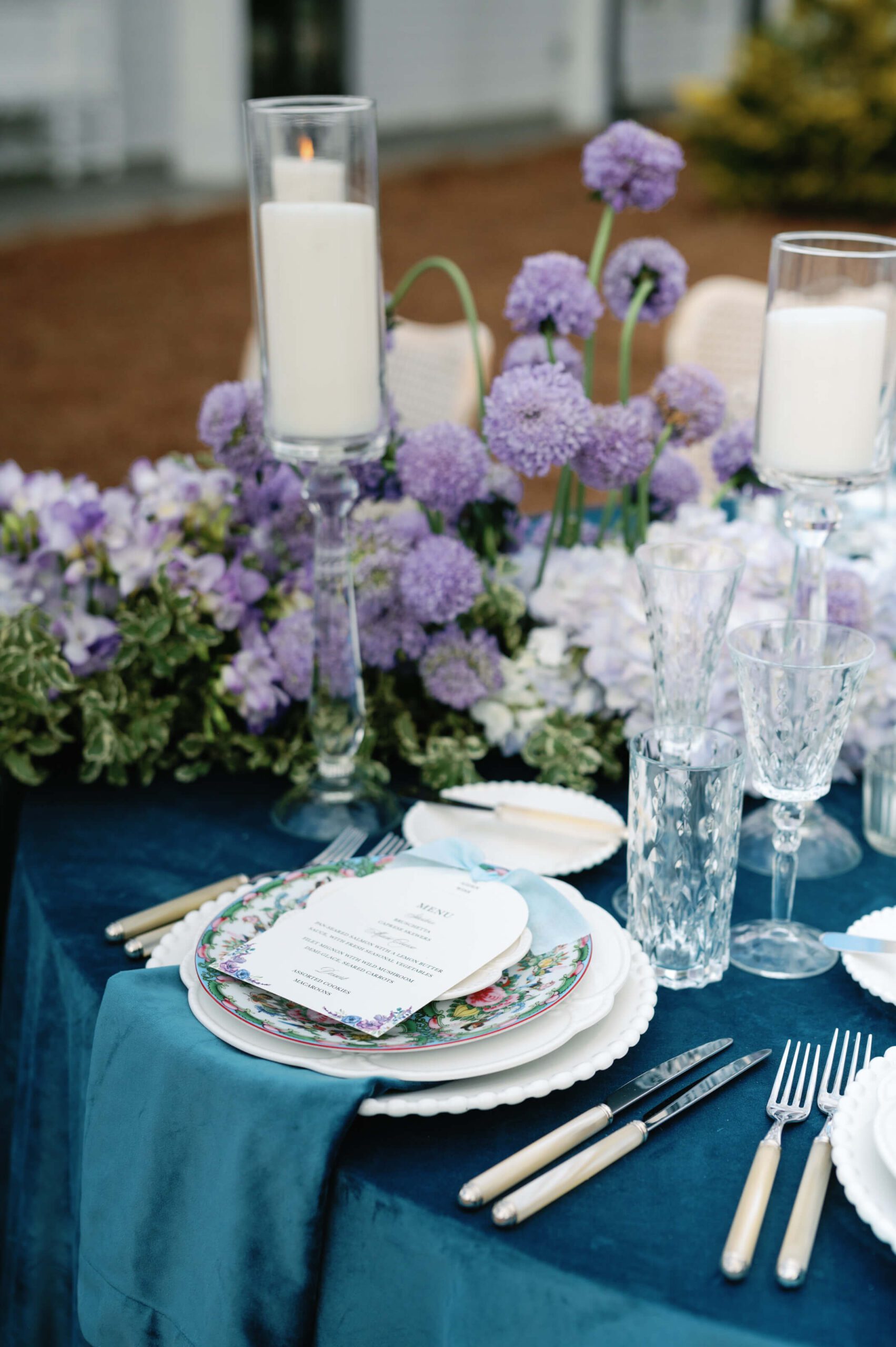 Wedding menu with purple floral illustrations