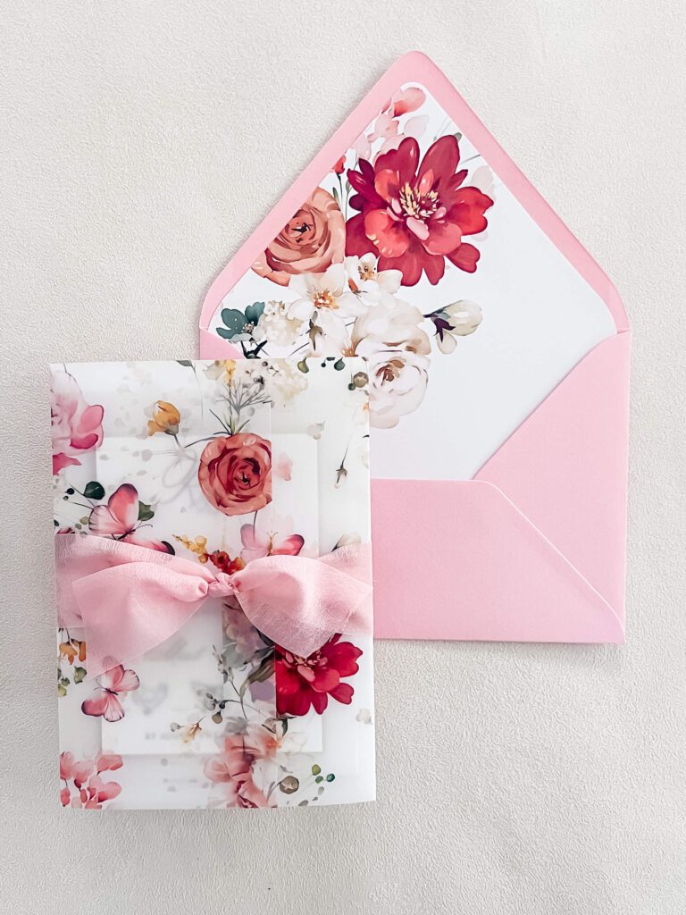 Whimsical invitation suite embellishment floral vellum wrap 