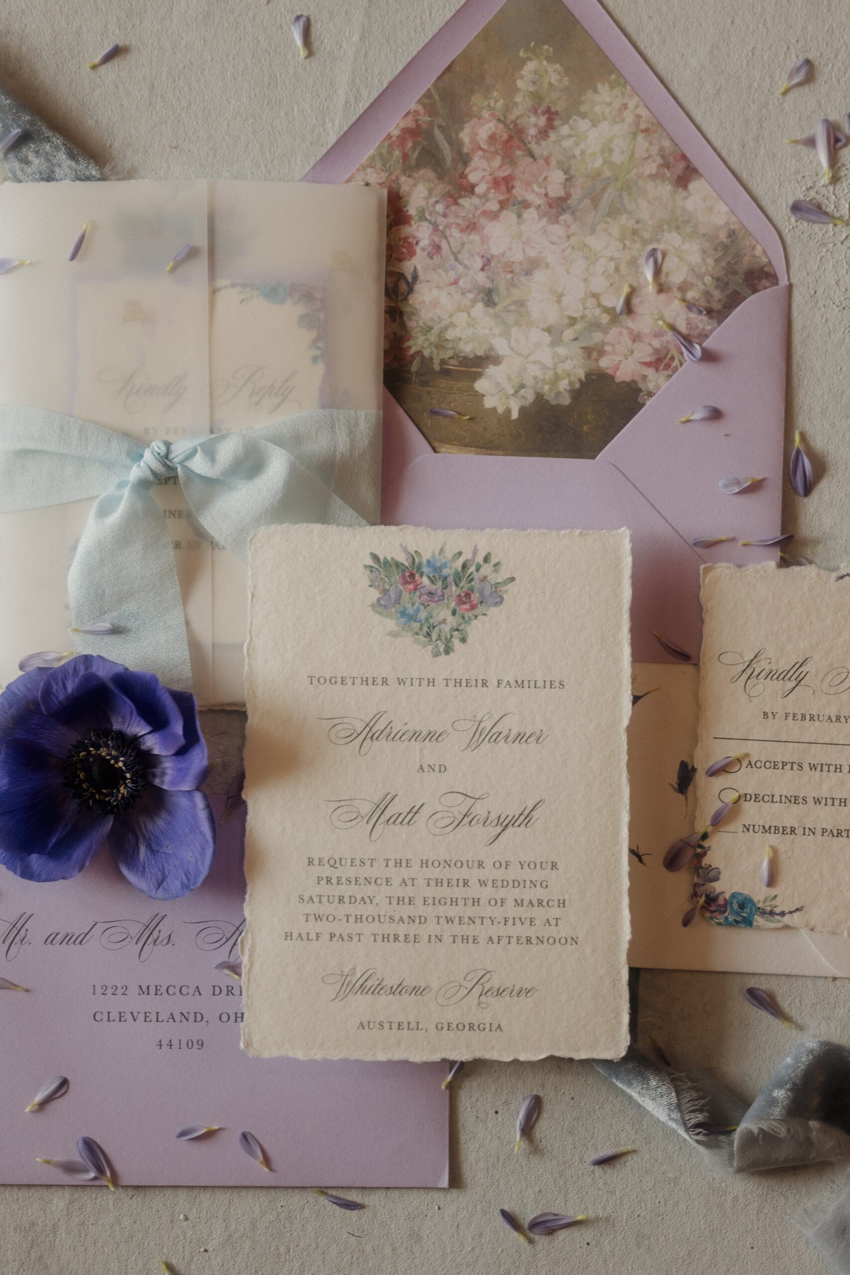 Whimsical floral wedding invitation suite handmade paper