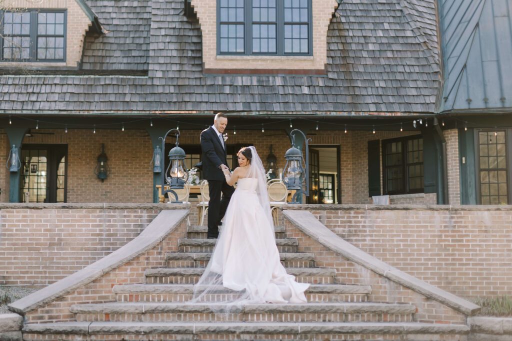 Bride and groom at spring wedding reception at Basil Place