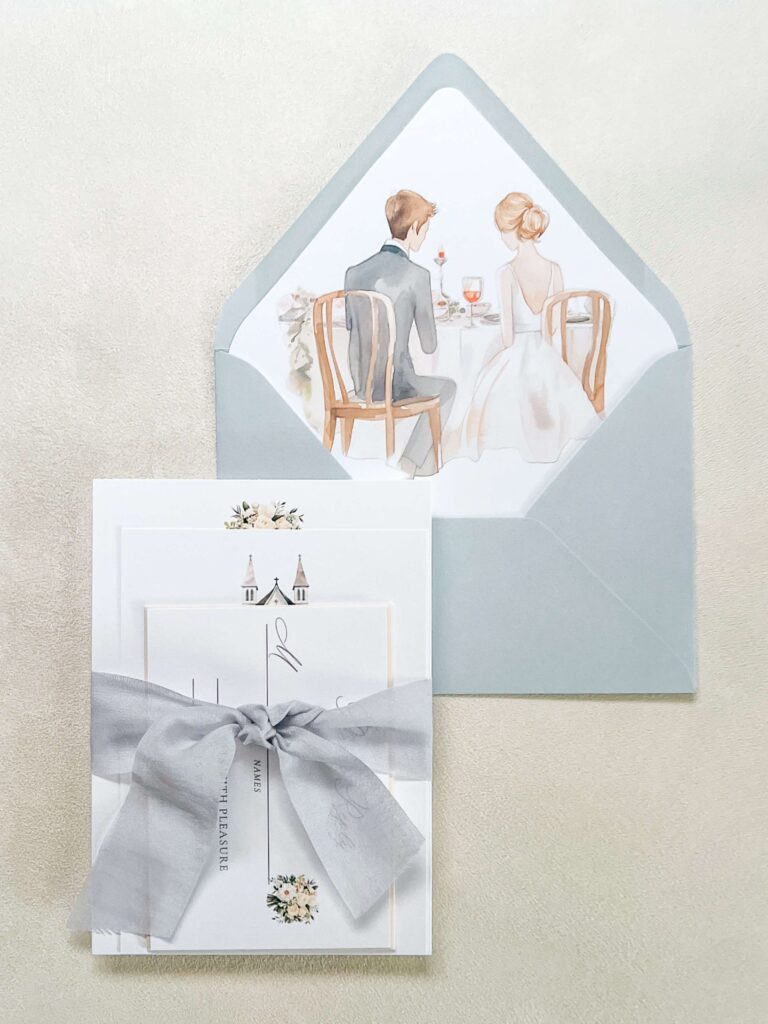 Elegant watercolor wedding invitation envelope liner featuring bride and groom