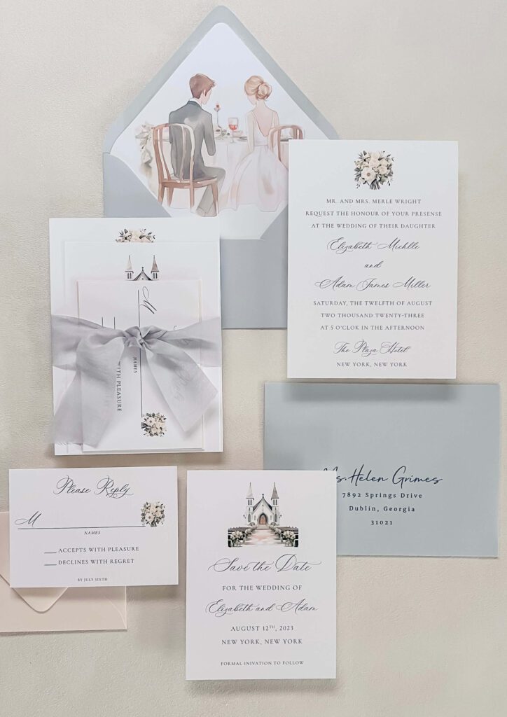 Elegant grey and pink watercolor wedding invitation suite for The Plaza Hotel
