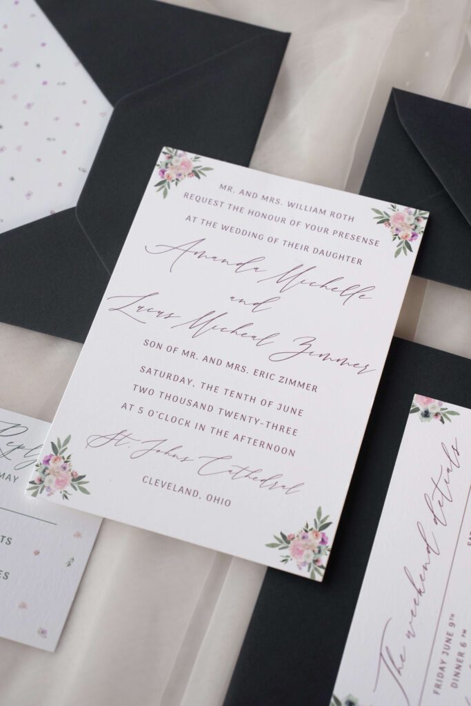 Elegant wedding invitation showing wording example for proper etiquette
