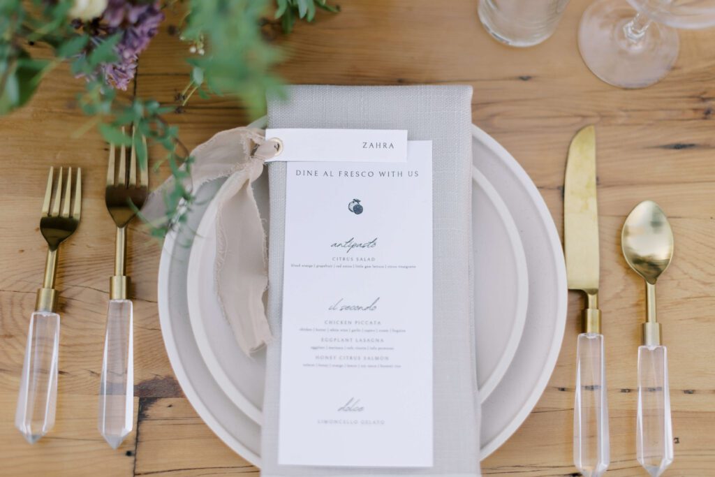 Taupe linen napkin with wedding menu and name card