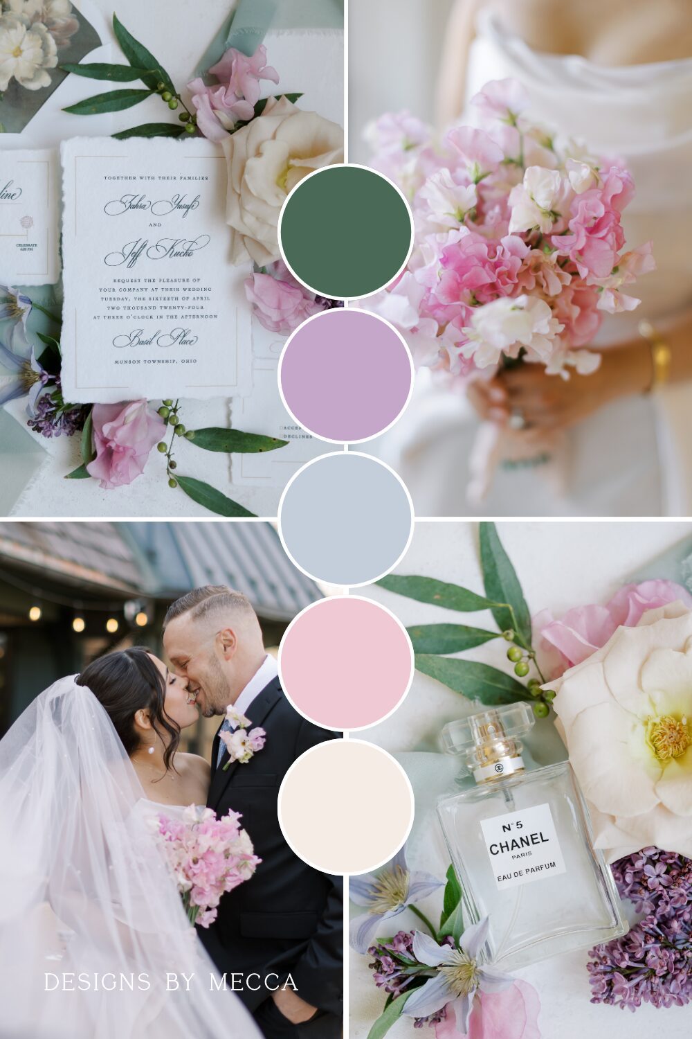 Spring wedding color palette inspiration featuring greens, purples, blues, and pinks