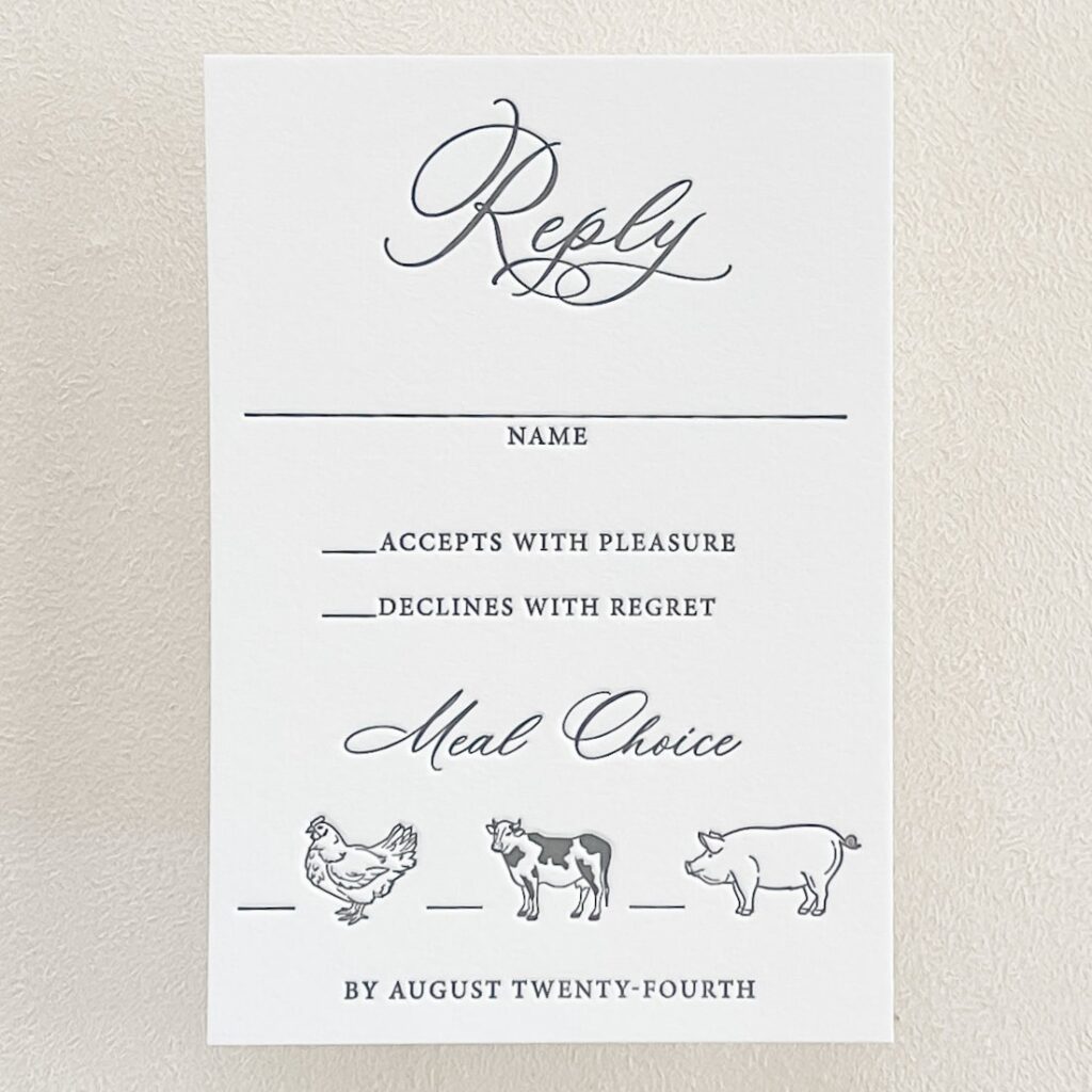 Letterpress reply card with illustrated meal choice options