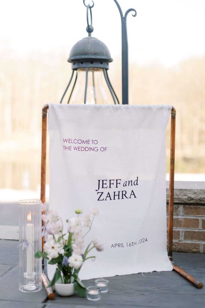 Linen wedding reception welcome sign