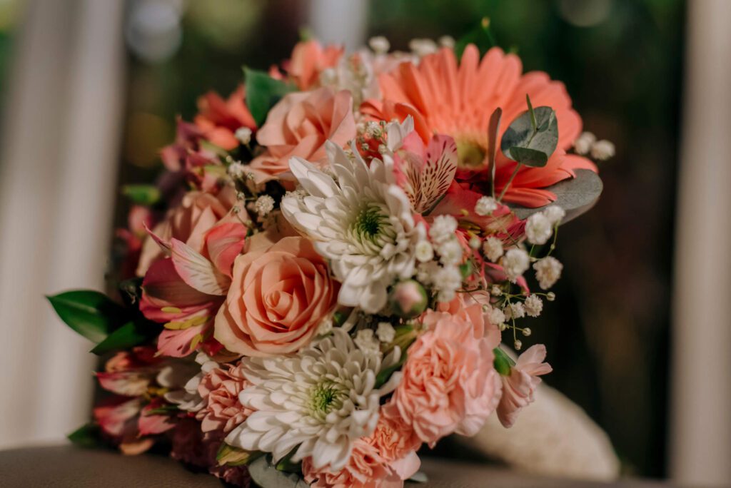 Colorful green, pink, and white wedding bouquet
