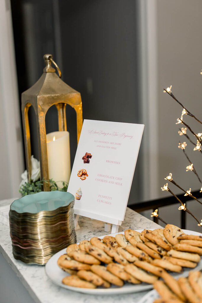 Wedding dessert station sign with watercolor dessert offerings