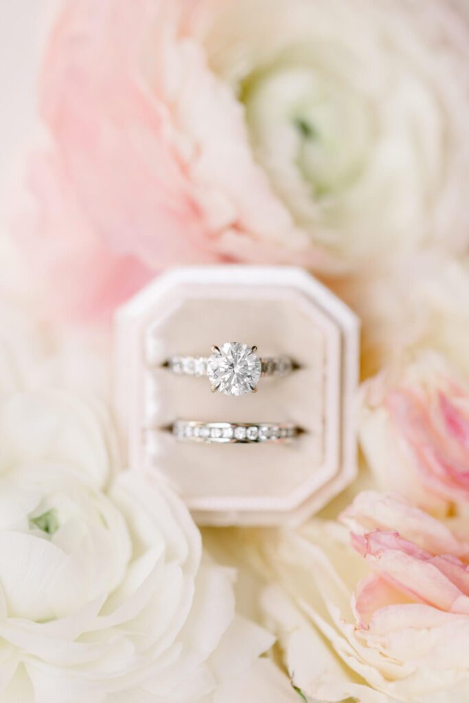 Elegant wedding rings in blush velvet box