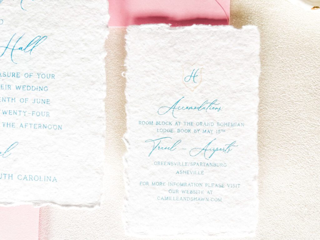 Destination wedding invitation accommodations card with travel and airport information for a