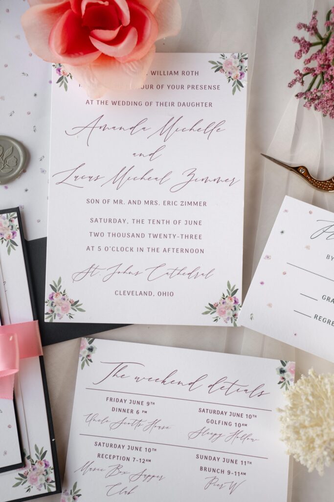 Elegant pink floral wedding invitation for a destination wedding in Cleveland, Ohio