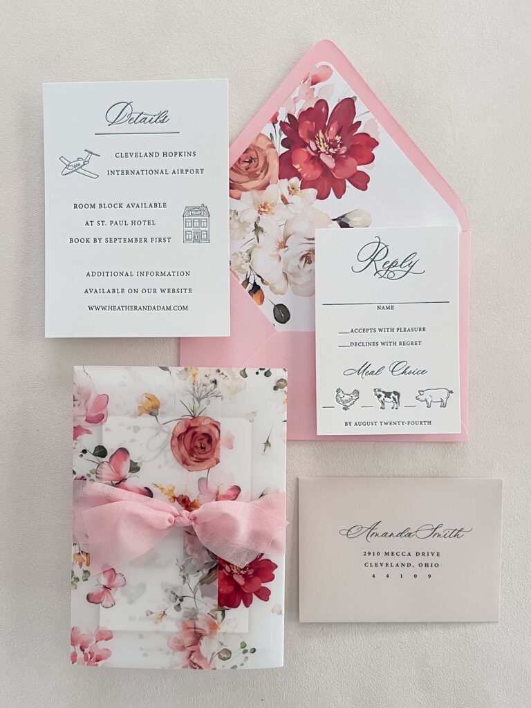 Pink floral watercolor wedding invitations with letterpress printing