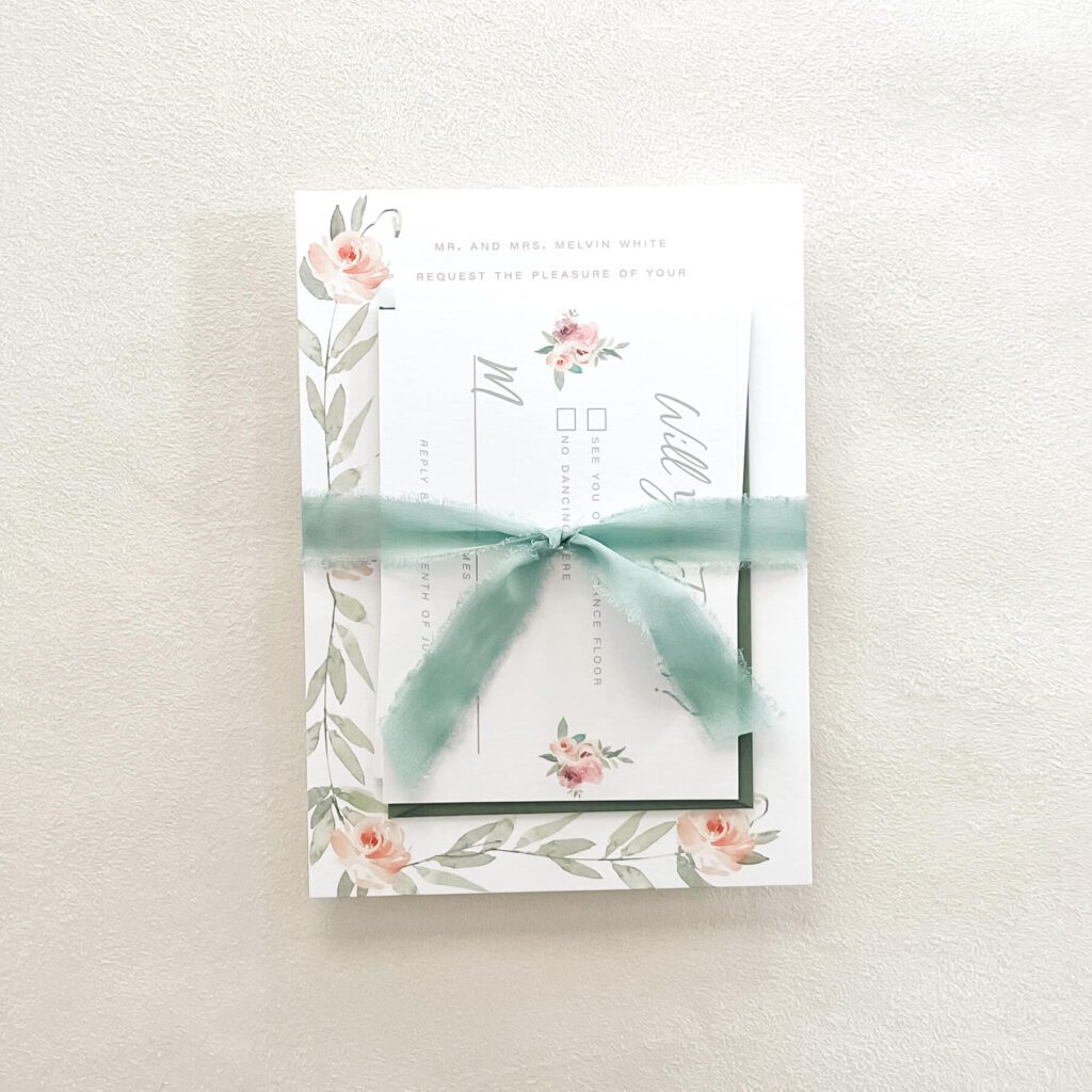 Peach and sage watercolor floral wedding invitation suite for a whimsical garden wedding
