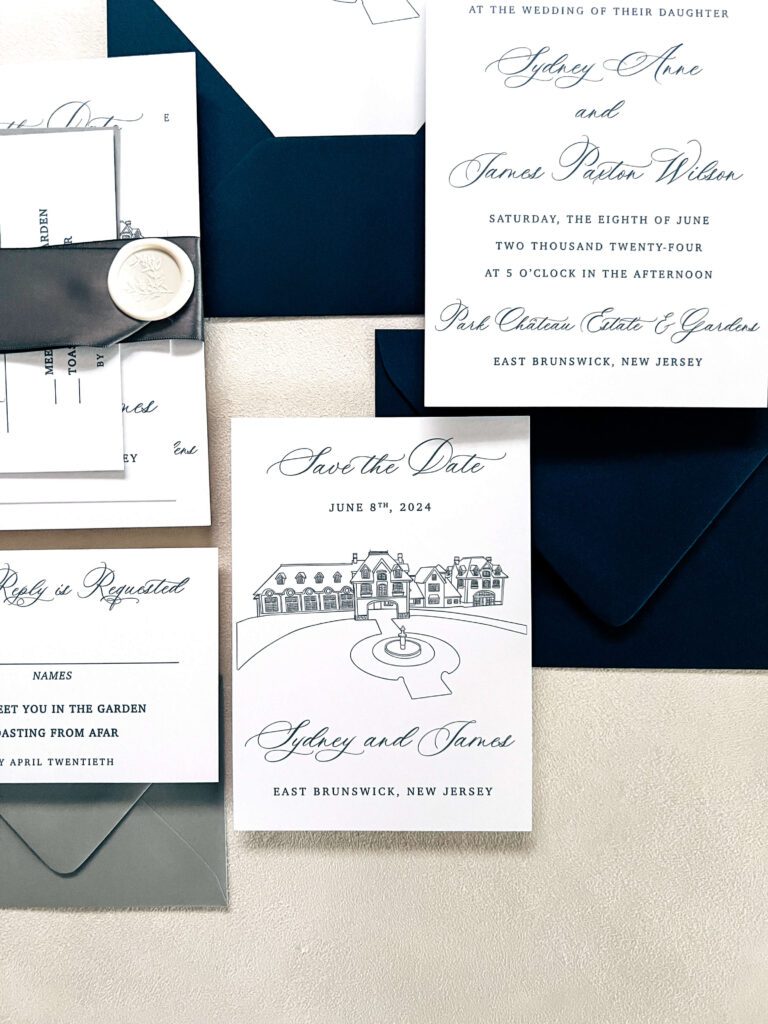 Classic save the date card with a line art venue illustration of Park Chateau Estate and Gardens