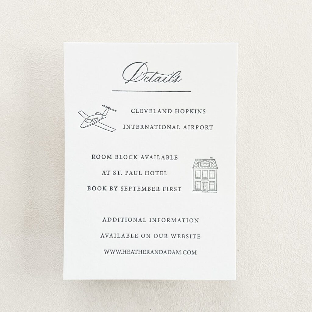 Letterpress destination wedding invitation detail card with travel and hotel information