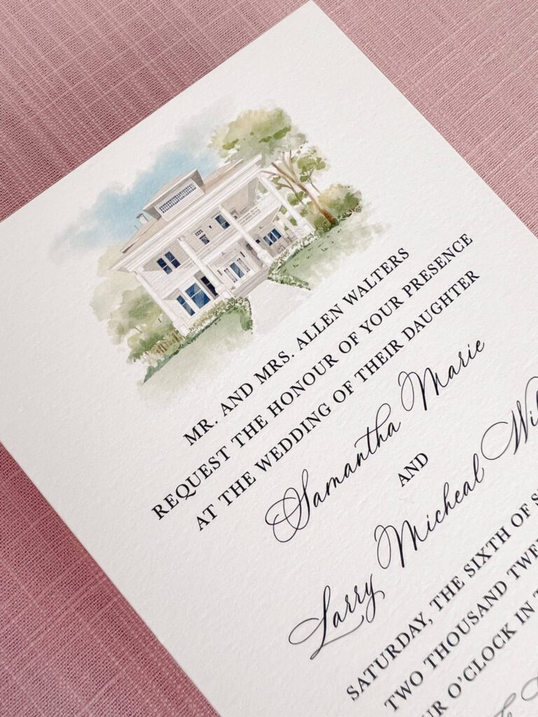 Wedding invitation with watercolor venue illustration