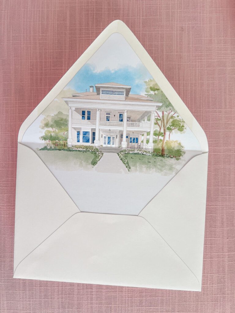 Wedding invitation envelope with watercolor venue illustration