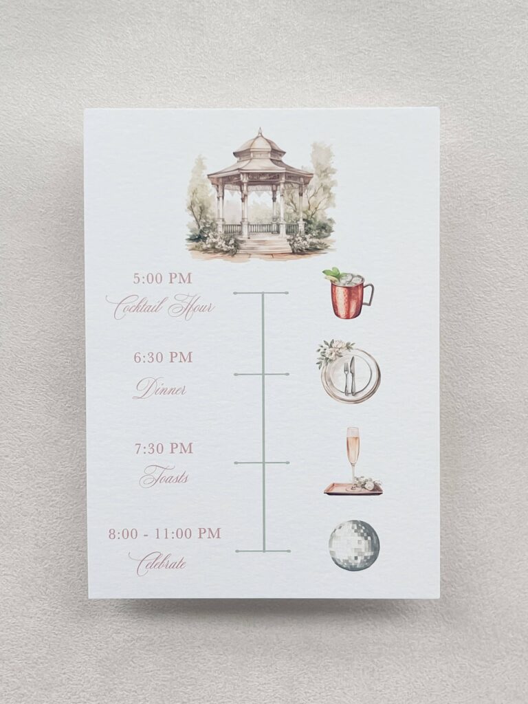 Wedding day timeline card with watercolor icons