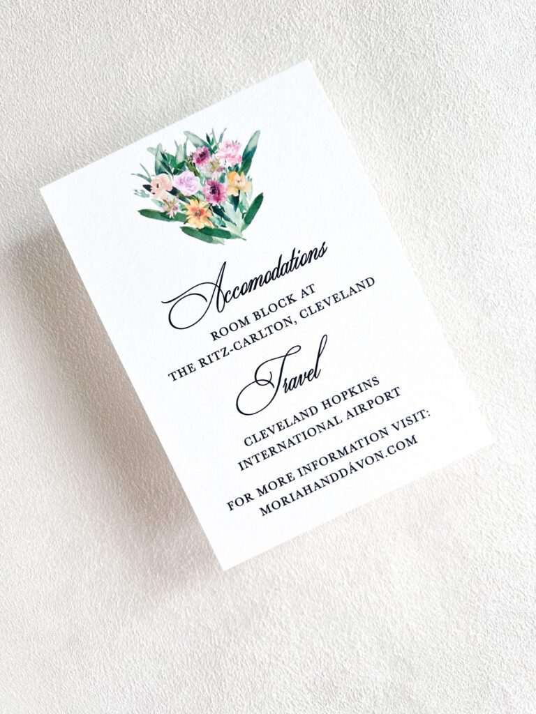 Wedding accommodations card with watercolor bouquet art