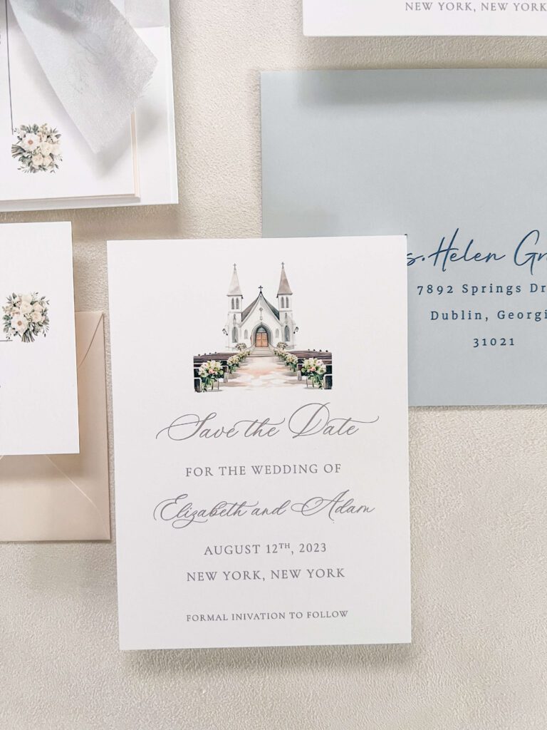 Romantic and whimsical save the date card with a watercolor illustration of a church venue
