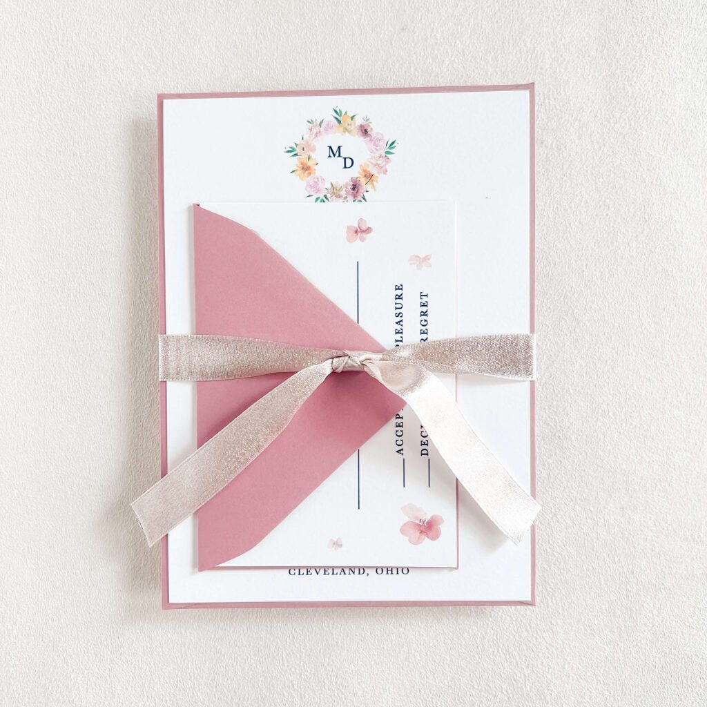 Watercolor wedding invitations with custom floral crest artwork