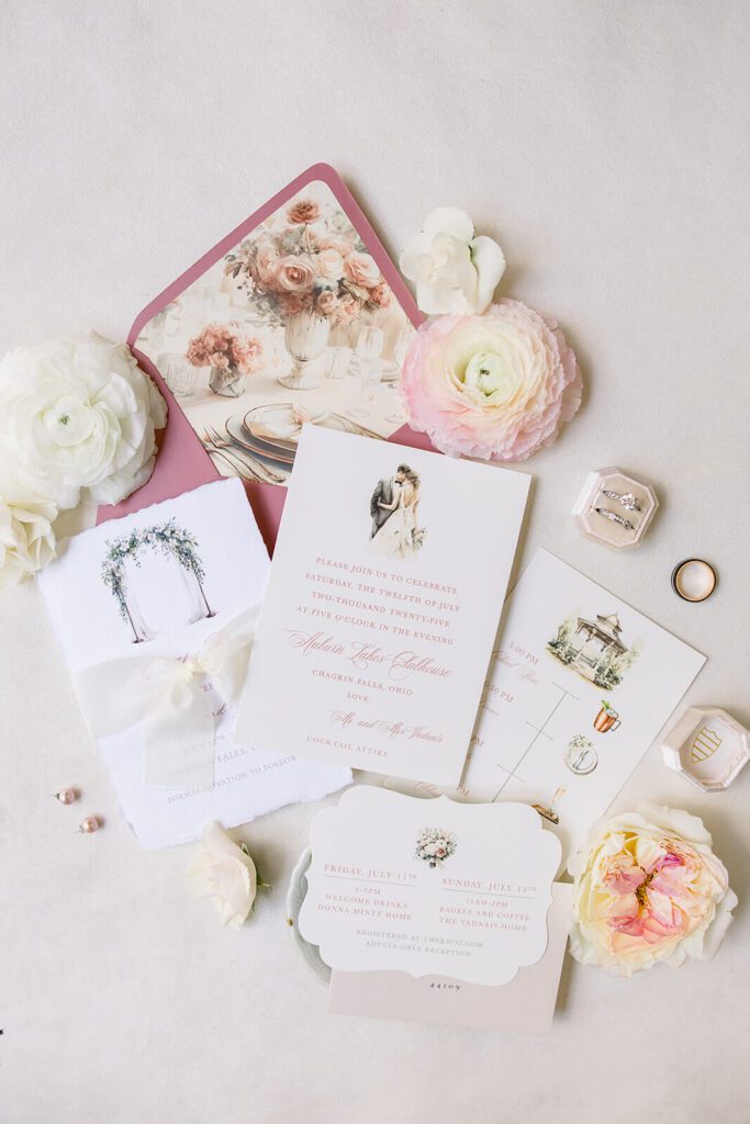 Elegant wedding invitation suite with watercolor details like a fine art envelope liner, timeline with illustrations, and bride and groom illustration