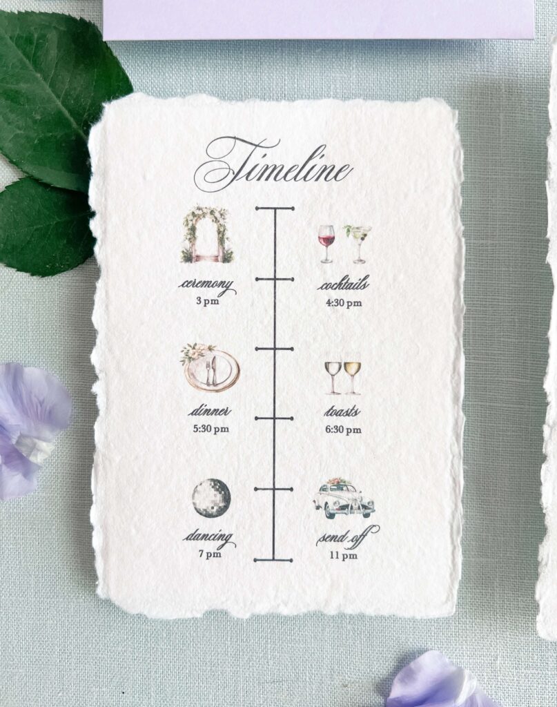 Wedding invitation timeline card on handmade paper with deckled edges