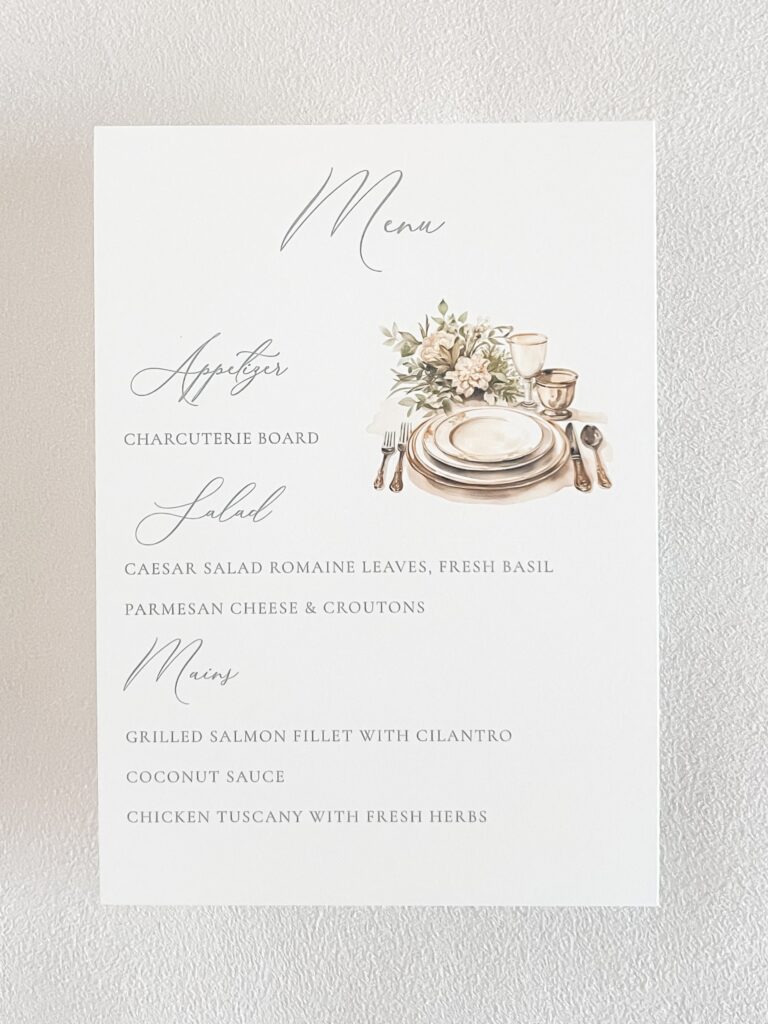 Whimsical and romantic wedding invitation menu card with watercolor artwork