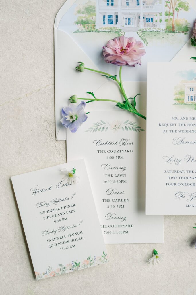 Elegant wedding invitation details cards featuring watercolor artwork of The Grand Lady
