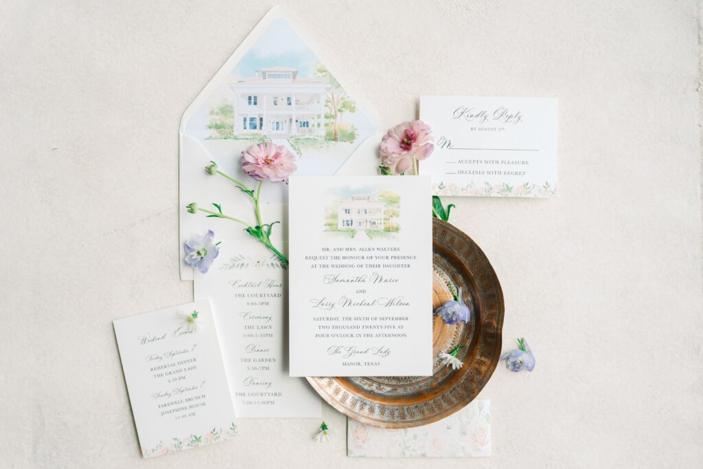Elegant wedding invitation suite featuring watercolor artwork of The Grand Lady