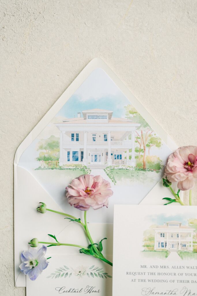 Elegant wedding invitation envelope featuring a liner with watercolor artwork of The Grand Lady