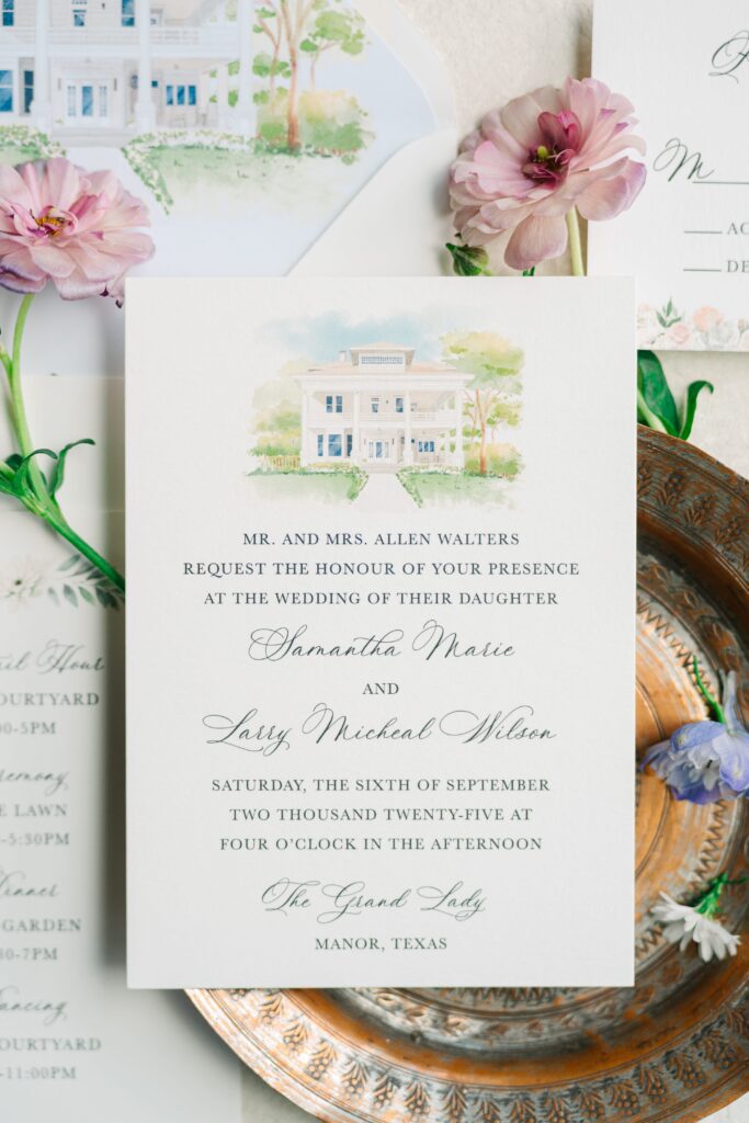 Elegant wedding invitation card featuring watercolor artwork of The Grand Lady