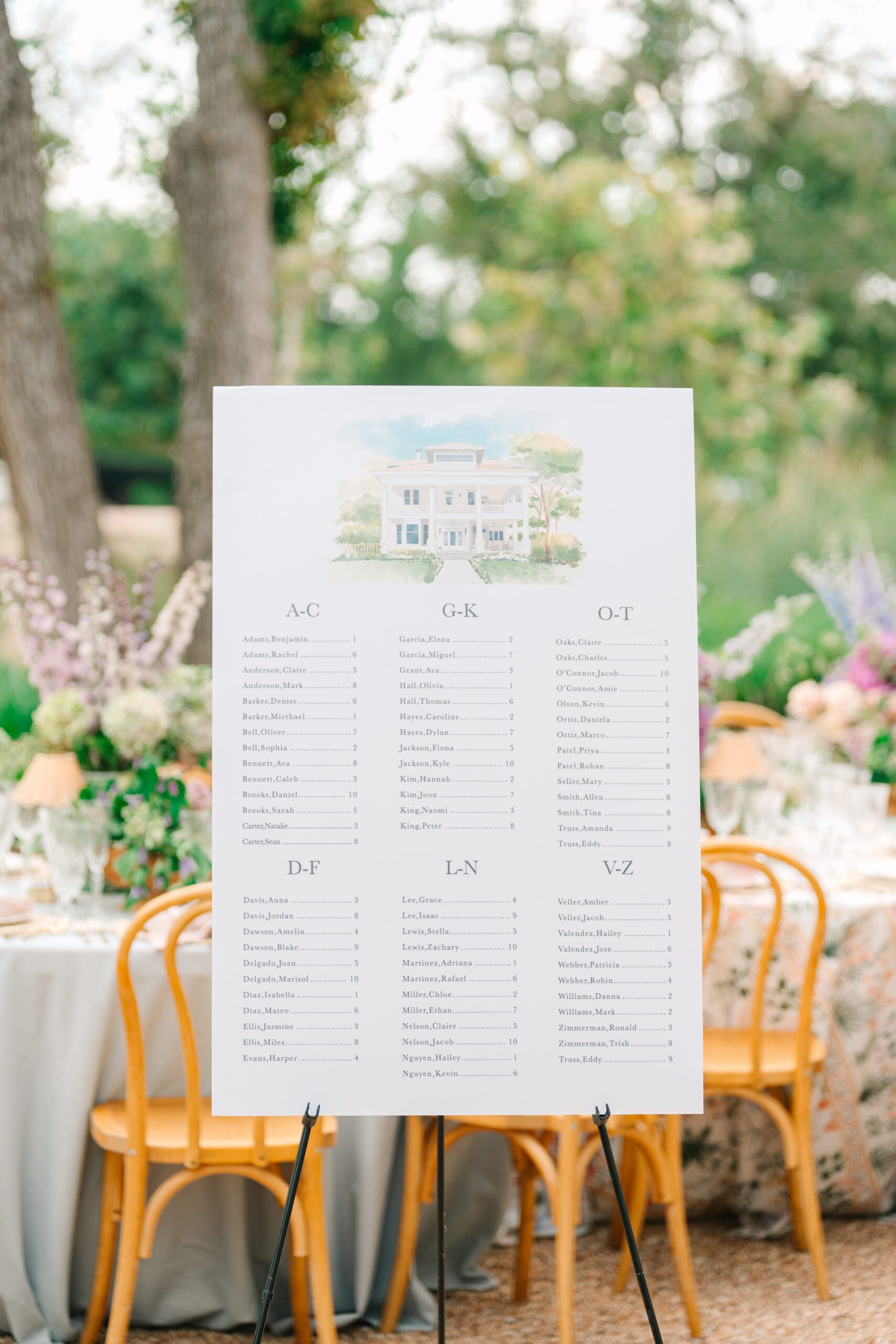 Alphabetical wedding reception seating chart with a watercolor venue illustration of The Grand Lady