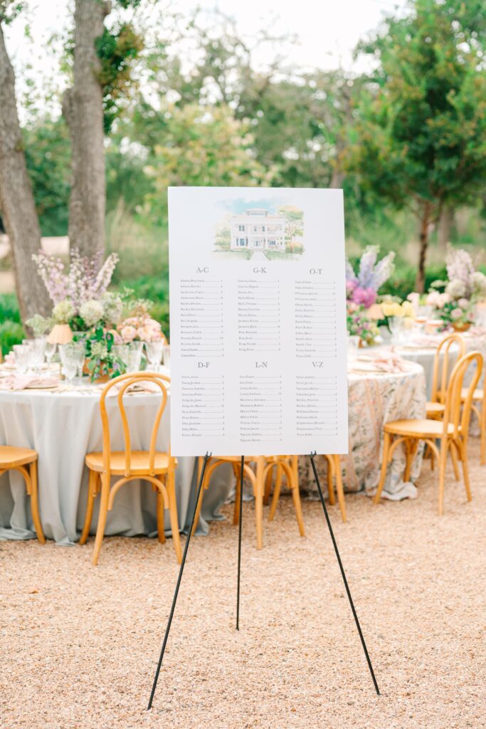 Wedding seating chart featuring watercolor artwork of The Grand Lady