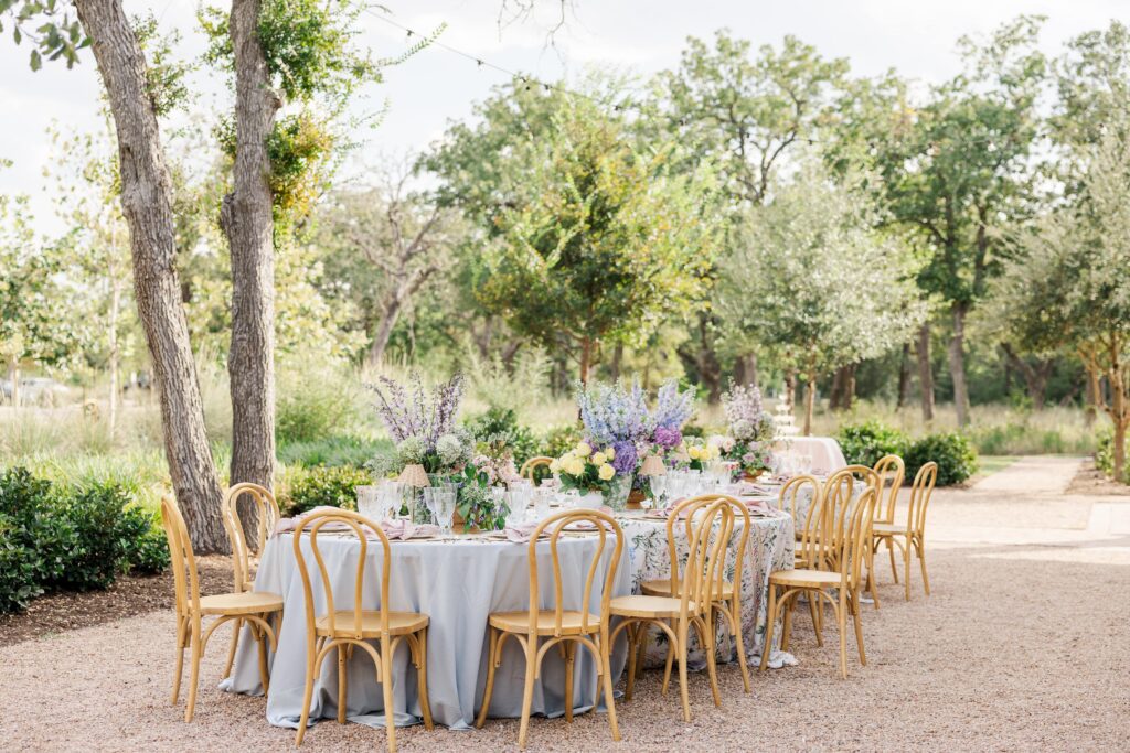 Elegant and whimsical garden wedding reception outdoors