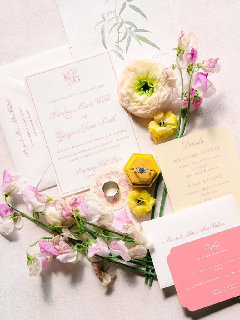 Bright, modern, and whimsical wedding invitation suite