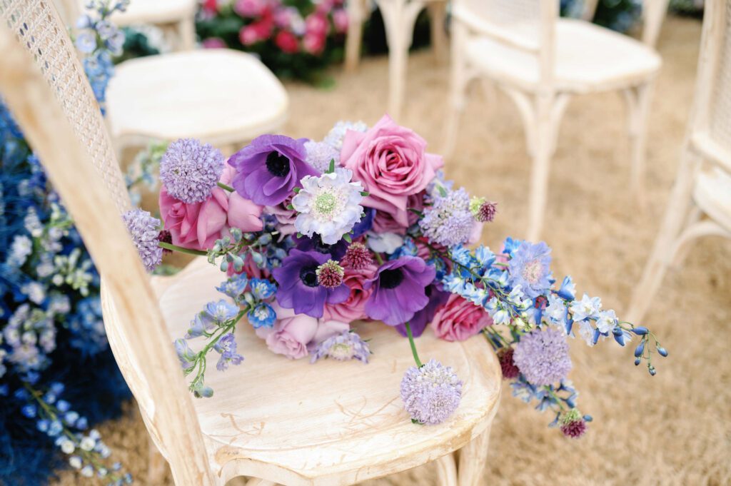 Colorful bridal bouquet in shades of purple and blue