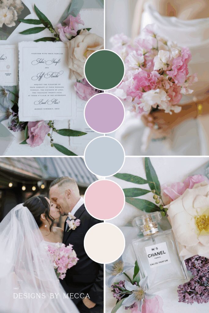 Green, purple, blue, and pink color palette for a spring wedding