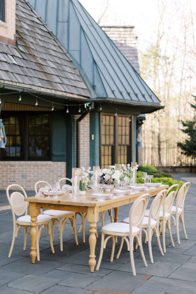 Al fresco wedding reception table for a spring wedding at Basil Place