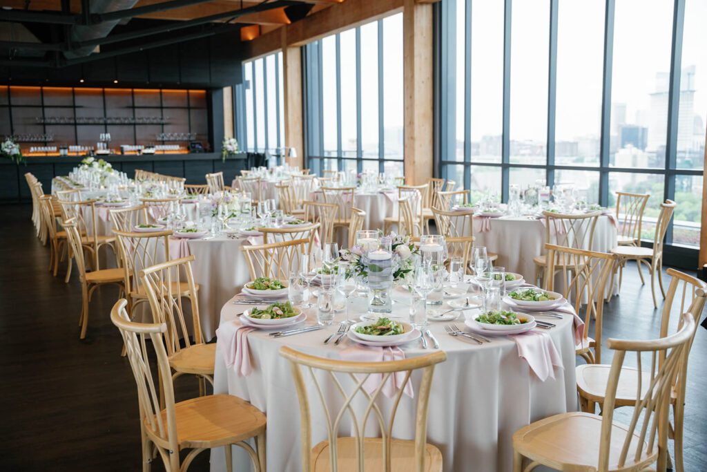 Modern industrial wedding reception tables set up in Truss, a Northern Ohio wedding venue