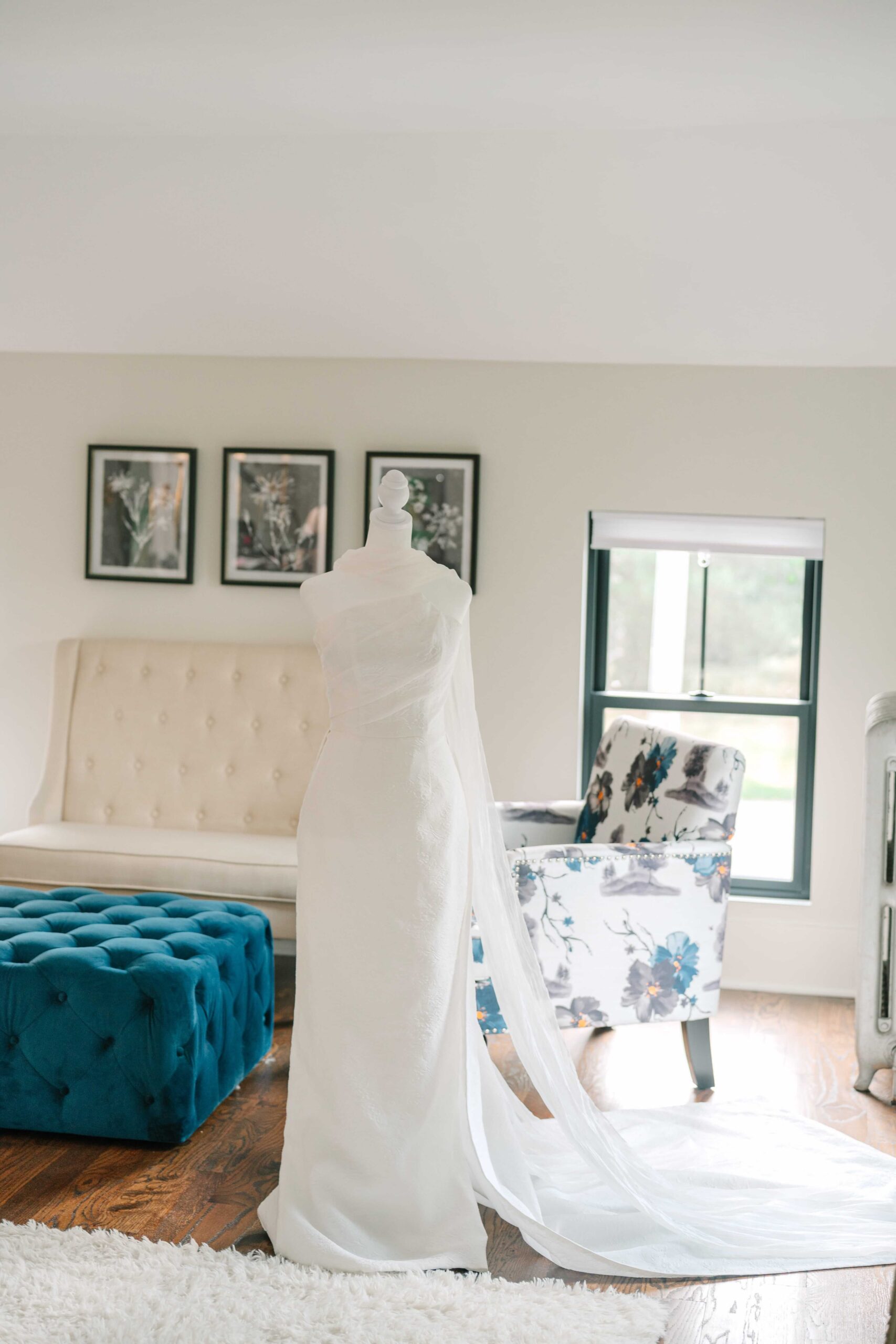 Wedding dress displayed in the getting ready suite of 1840 Manor House
