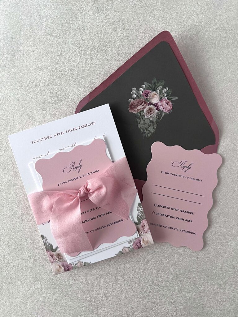 Elegant pink and maroon custom wedding invitation suite with envelope liner and scalloped cards