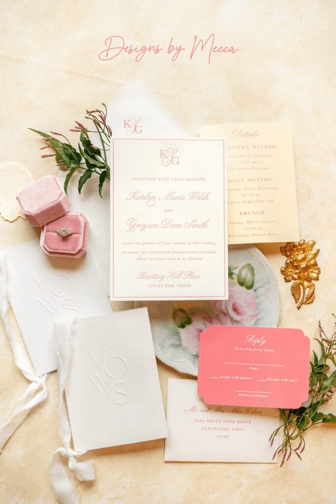 Simple and elegant pink letterpress wedding invitation suite