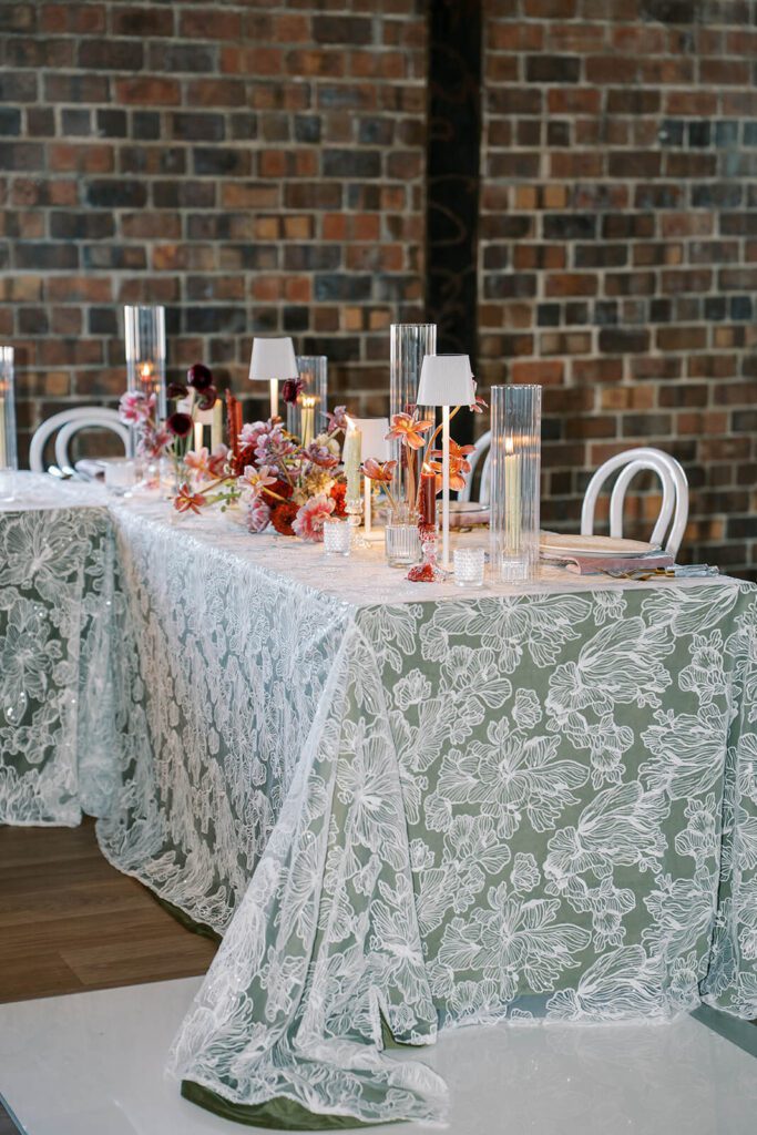 Vibrant and romantic wedding reception tablescape at Post 4 North 4th Corridor