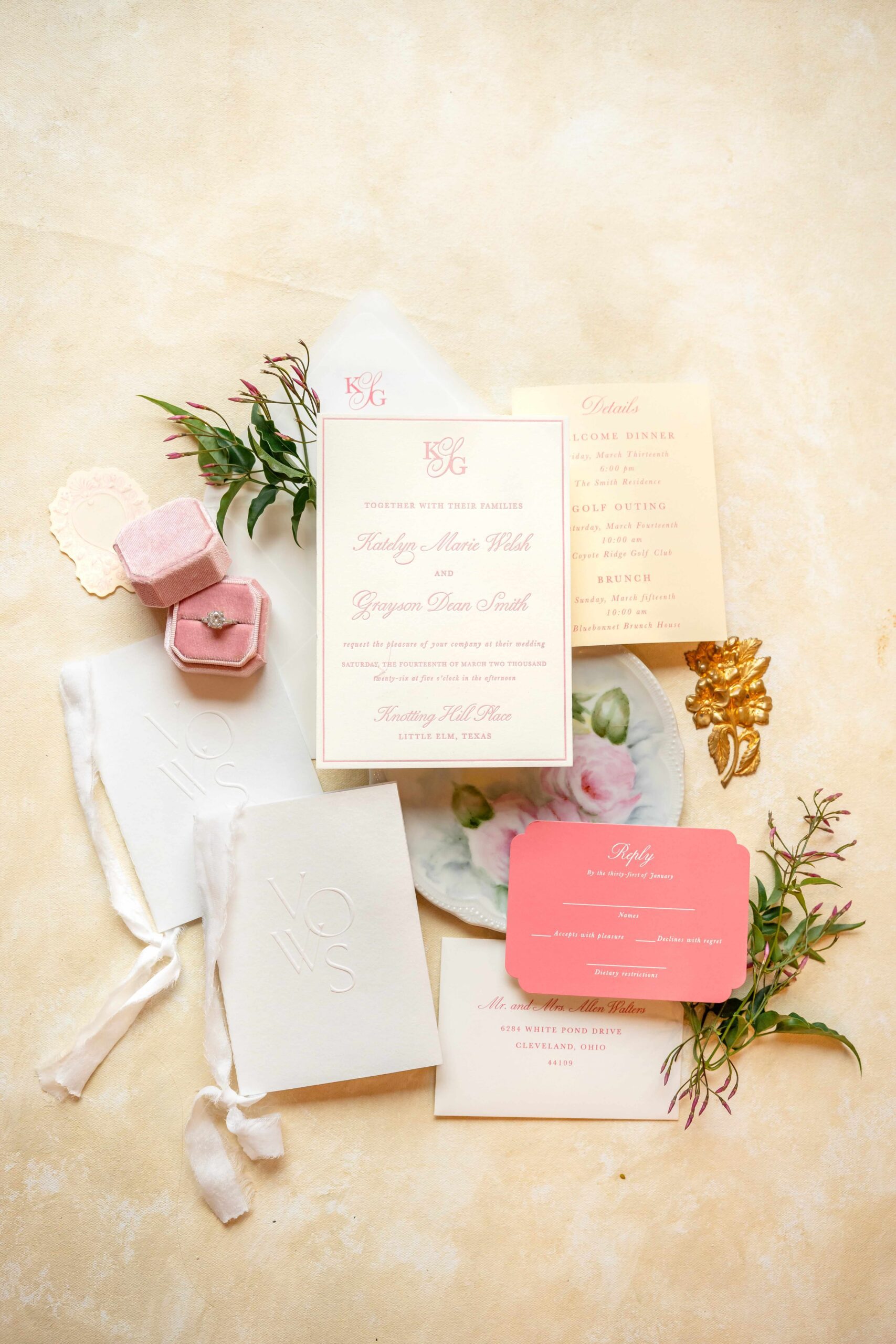 Elegant pink letterpress wedding invitation suite with custom monogram