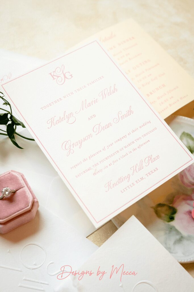 Simple and elegant pink letterpress wedding invitation