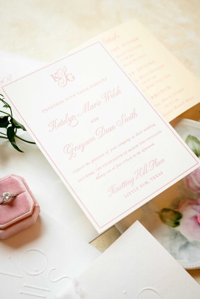 Simple pink letterpress wedding invitation card