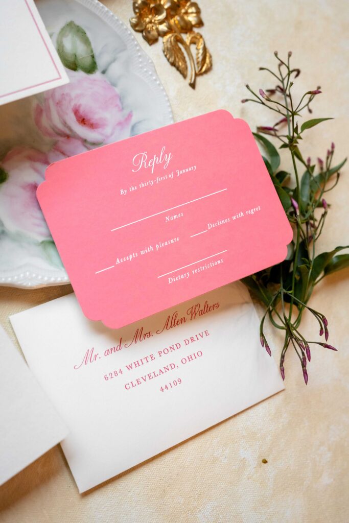 Unique bright pink wedding response card