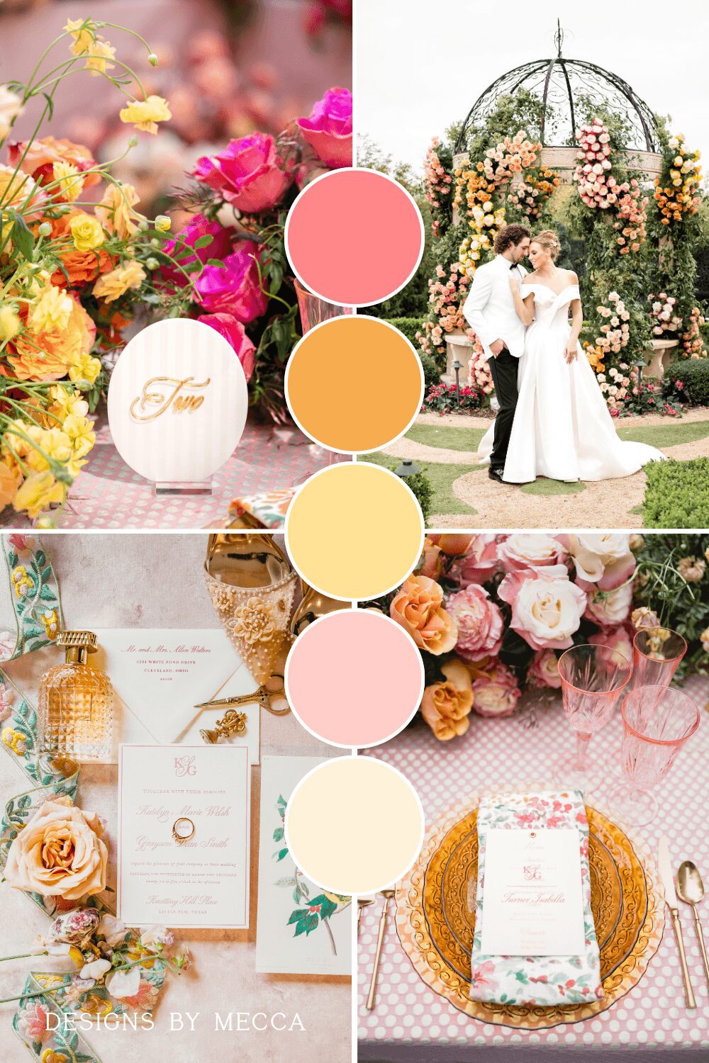 Bright pink, yellow, and orange wedding color palette for a vibrant garden party wedding